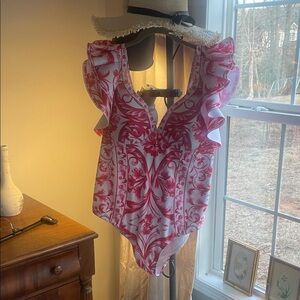 Flaxmaker Baroco Style Red and White Ruffled Swimsuit